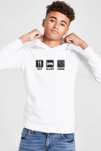 Eat Sleep Anime Beyaz Çocuk 3ip Kapşonlu  Sweatshirt ürün görseli 1