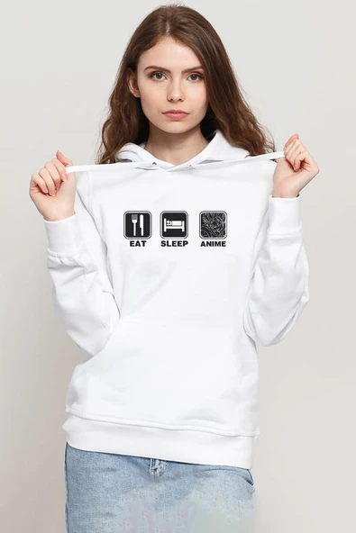 Eat Sleep Anime Beyaz Kadın 3ip Kapşonlu Sweatshirt ürün görseli 1