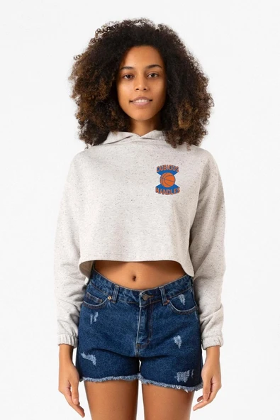 Dubious Handles Logo Beyaz Kırçıllı Kadın Crop Kapşonlu ürün görseli 1