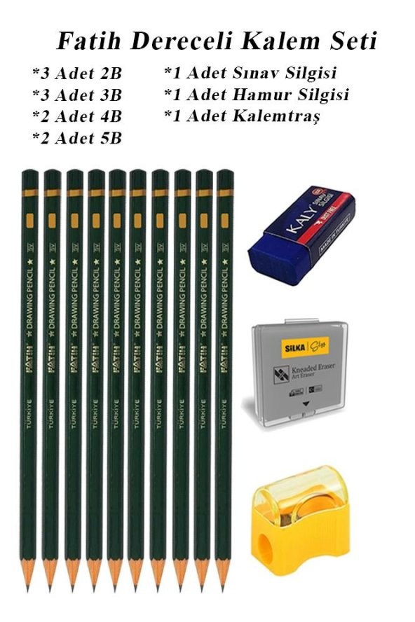 Resim Kalemi Fatih Dereceli Kalem Seti Karakalem Seti 2B 3B 4B 5B 13lü Set Sınav Silgisi ve Hamur Silgi Kalemtraş ürün görseli 1