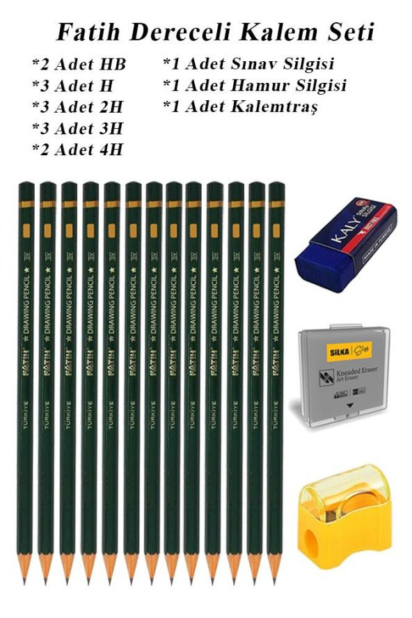Resim Kalemi Fatih Dereceli Kalem Seti Karakalem Seti HB H 2H 3H 4H 16lı Set Sınav Silgisi ve Hamur Silgi Kalemtraş ürün görseli 1