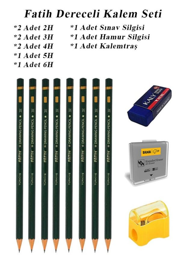 Resim Kalemi Fatih Dereceli Kalem Seti Karakalem Seti 2H 3H 4H 5H 6H 11li Set Sınav Silgisi ve Hamur Silgi Kalemtraş ürün görseli 1