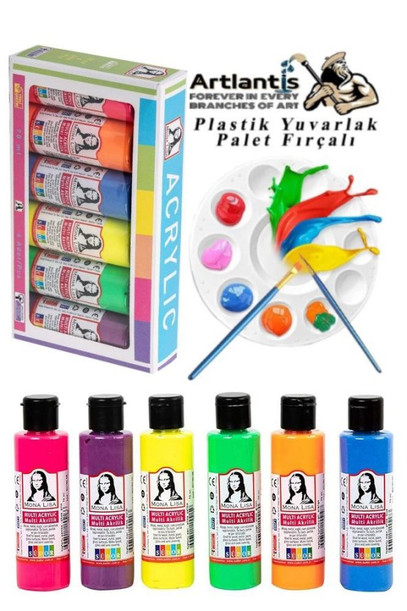 Monalisa Akrilik Boya 6 Renk x 70 ml Fosforlu Neon Renkler 1 Paket ve Yuvarlak Resim Paleti Fırçalı 1 Paket 10 Hazneli Boya Paleti Sanatsal Boyalar İçin Palet Akrilik Boya ürün görseli 1