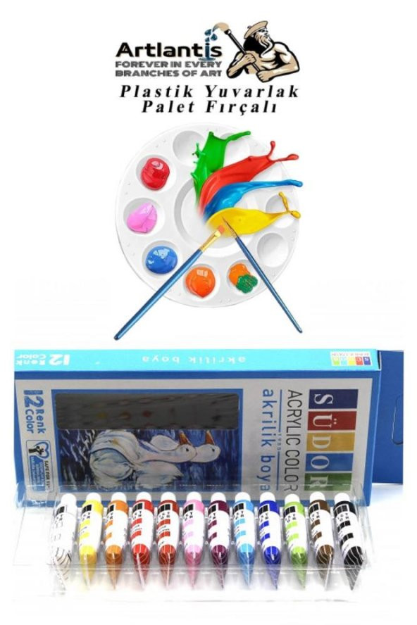 Akrilik Boya 12 Renk Tüp 9ml*12 Südor Akrilik Boya 12 li 1 Paket ve Yuvarlak Resim Paleti Fırçalı 1 Paket 10 Hazneli Boya Paleti Sanatsal Boyalar İçin Palet Akrilik Boya ürün görseli 1