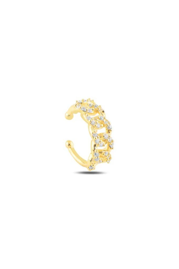 Gümüş altın yaldızlı zirkon taşlı zincir modeli kıkırdak küpe SGTL12249GOLD ürün görseli 1