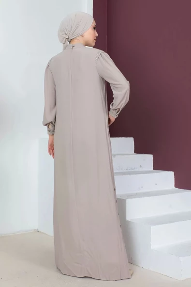 Boncuk Detaylı Ferace Elbise 692-Bej - Resim 4
