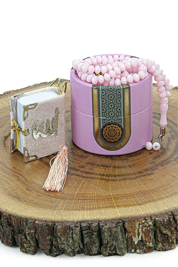 Mevlüt İçin Mini Silindir Kutulu Tesbihli Hediyelik Kuranı Kerim Seti Pembe ürün görseli 1