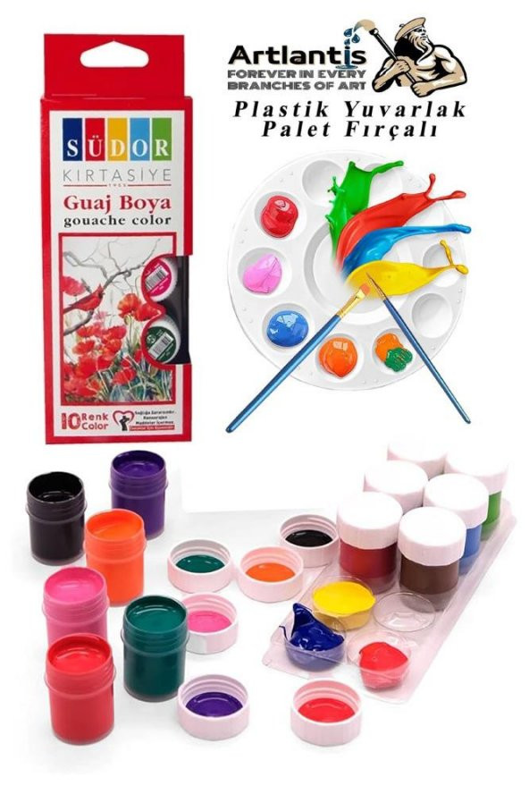 Guaj Boya 10 Renk 20 Ml Şişe 1 Paket 10 Lu Guaj Boya Seti ve Yuvarlak Resim Paleti Fırçalı 1 Paket 10 Hazneli Boya Paleti Sanatsal Boyalar İçin Palet Guaj Boya ürün görseli 1