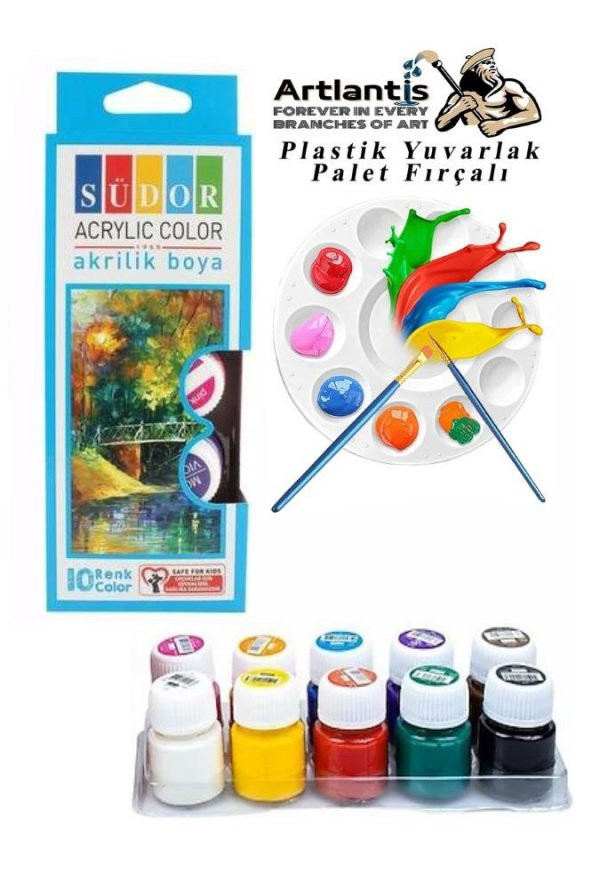 Akrilik Boya 10 Renk 20 ml Şişe 1 Paket 10 Lu Akrilik Boya Seti ve Yuvarlak Resim Paleti Fırçalı 1 Paket 10 Hazneli Boya Paleti Sanatsal Boyalar İçin Palet Akrilik Boya ürün görseli 1