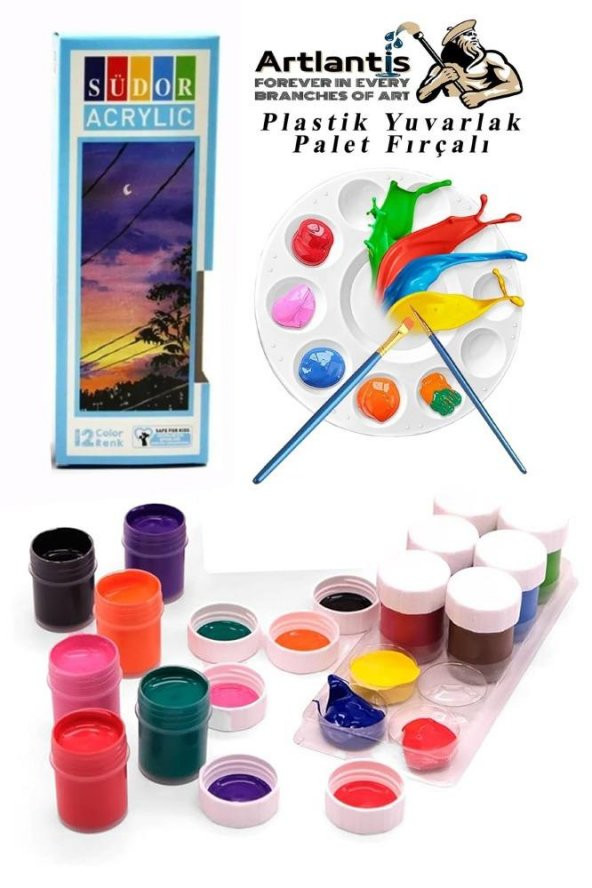 Akrilik Boya 12 Renk 20 ml Şişe 1 Paket 12 Li Akrilik Boya Seti ve Yuvarlak Resim Paleti Fırçalı 1 Paket 10 Hazneli Boya Paleti Sanatsal Boyalar İçin Palet Akrilik Boya ürün görseli 1