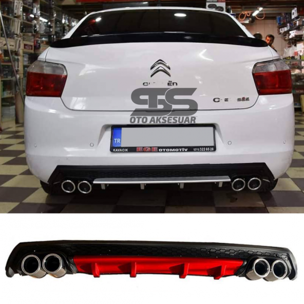 Citroen C-elysee Difüzör Arka Tampon Eki 4 Egzoz Çıkışlı Kırmızı Lüx Tip ürün görseli 1