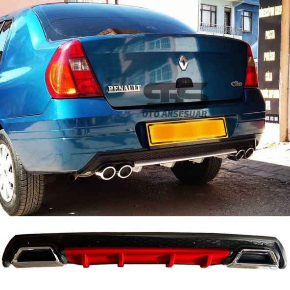 Ranault Clio 2 Sedan Difüzör Arka Tampon Eki 2 Egzoz Çıkışlı Kırmızı Lüx Tip ürün görseli 1