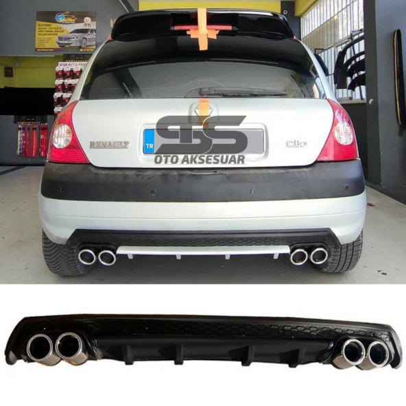 Renault Clio 2 HB Difüzör Arka Tampon Eki 4 Egzoz Çıkışlı Siyah Lüx Tip ürün görseli 1