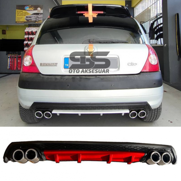 Renault Clio 2 HB Difüzör Arka Tampon Eki 4 Egzoz Çıkışlı Kırmızı Lüx Tip ürün görseli 1