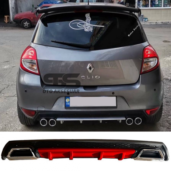 Renault Clio 3 Difüzör Arka Tampon Eki 2 Egzoz Çıkışlı Kırmızı Lüx Tip ürün görseli 1
