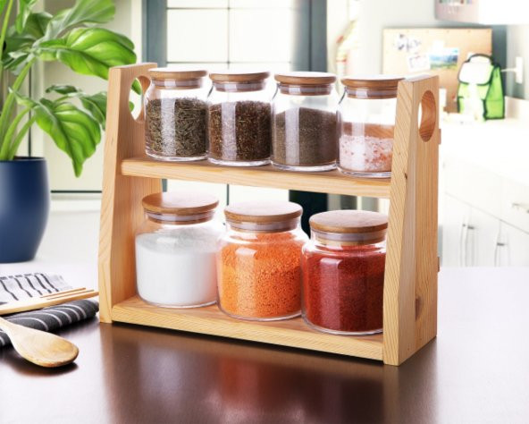 Ahşap Standlı Bambu Kapaklı 7li Cam Baharat Takımı ürün görseli 1