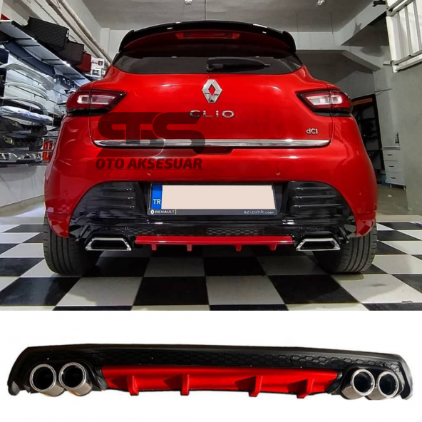 Renault Clio 4 Difüzör Arka Tampon Eki 4 Egzoz Çıkışlı Kırmızı Lüx Tip ürün görseli 1