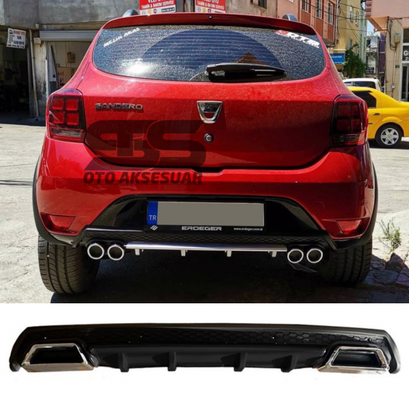 Dacia Sandero Difüzör Arka Tampon Eki 2 Egzoz Çıkışlı Siyah Lüx Tip ürün görseli 1