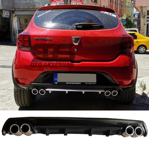 Dacia Sandero Difüzör Arka Tampon Eki 4 Egzoz Çıkışlı Siyah Lüx Tip ürün görseli 1