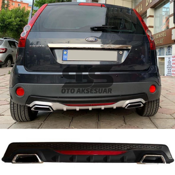 Ford Fiesta 2003-2008 Difüzör Arka Tampon Eki 2 Egzoz Çıkışlı Siyah Reflektörlü ürün görseli 1