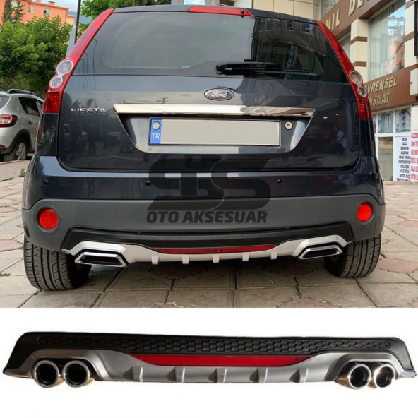 Ford Fiesta 2003-2008 Difüzör Arka Tampon Eki 4 Egzoz Çıkışlı Gri Reflektörlü ürün görseli 1