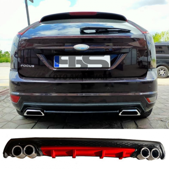 Ford Focus 2 HB Difüzör Arka Tampon Eki 4 Egzoz Çıkışlı Kırmızı Lüx Tip ürün görseli 1