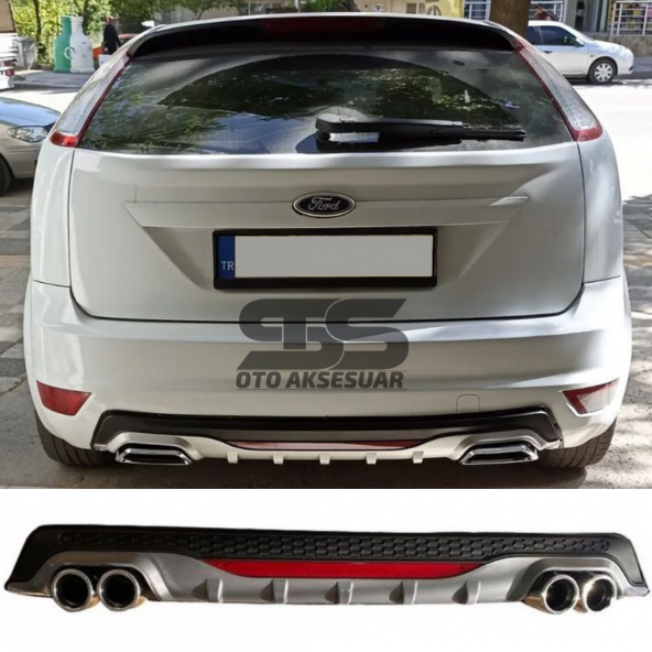 Ford Focus 2 HB Difüzör Arka Tampon Eki 4 Egzoz Çıkışlı Gri Reflektörlü ürün görseli 1