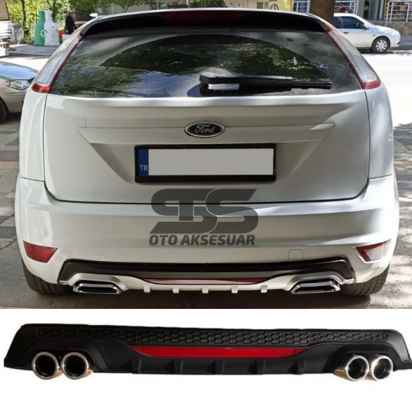 Ford Focus 2 HB Difüzör Arka Tampon Eki 4 Egzoz Çıkışlı Siyah Reflektörlü ürün görseli 1