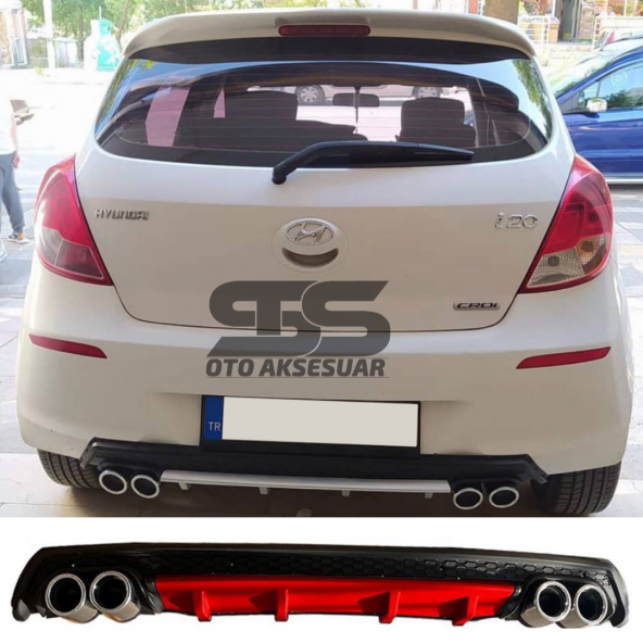 Hyundai i20 Difüzör Arka Tampon Eki 4 Egzoz Çıkışlı Kırmızı Lüx Tip ürün görseli 1