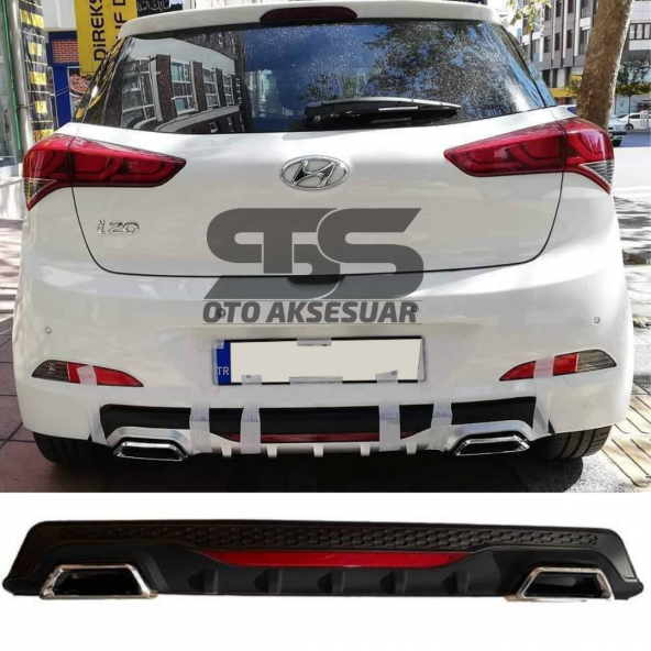 Hyundai i20 Difüzör Arka Tampon Eki 2 Egzoz Çıkışlı Siyah Reflektörlü ürün görseli 1