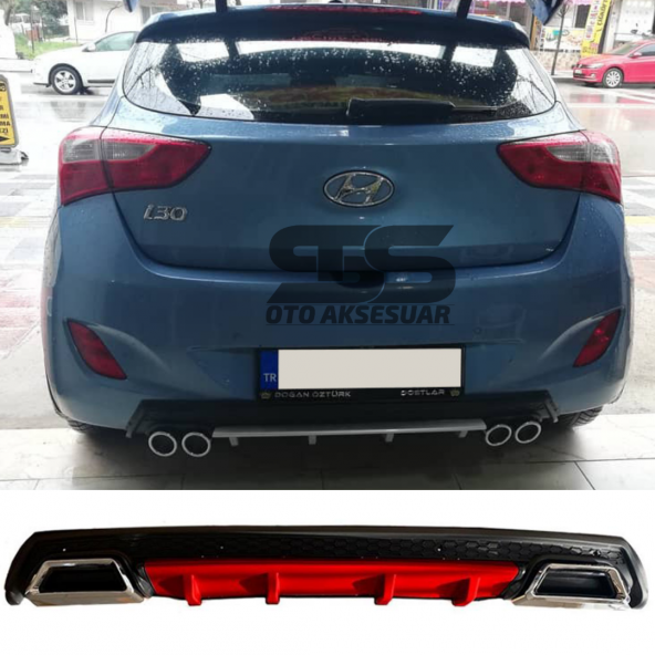 Hyundai i30 Difüzör Arka Tampon Eki 2 Egzoz Çıkışlı Kırmızı Lüx Tip ürün görseli 1