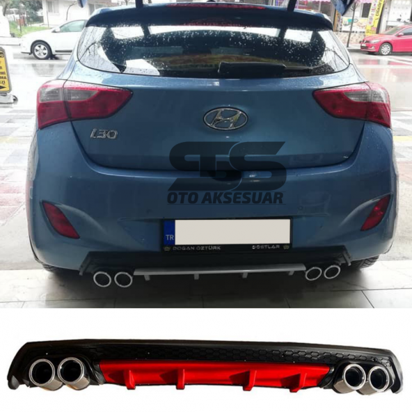 Hyundai i30 Difüzör Arka Tampon Eki 4 Egzoz Çıkışlı Kırmızı Lüx Tip ürün görseli 1