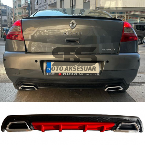 Renault Megane 2 Sedan Difüzör Arka Tampon Eki 2 Egzoz Çıkışlı Kırmızı Lüx Tip ürün görseli 1