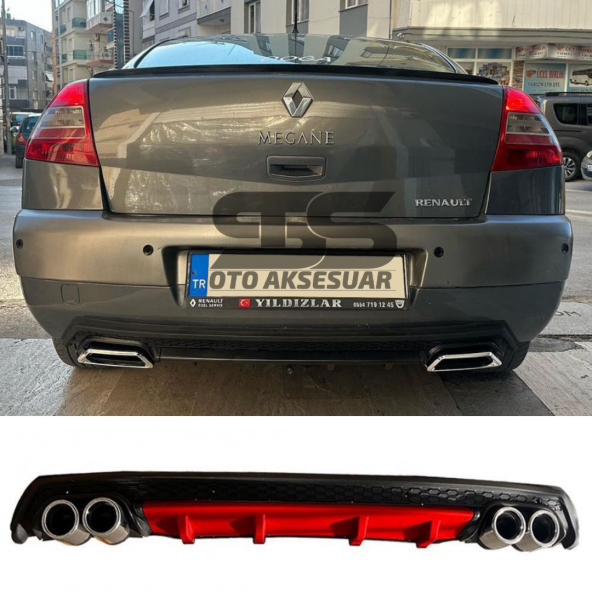 Renault Megane 2 Sedan Difüzör Arka Tampon Eki 4 Egzoz Çıkışlı Kırmızı Lüx Tip ürün görseli 1