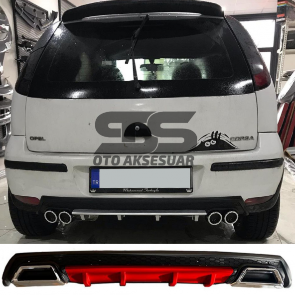 Opel Corsa  C Difüzör Arka Tampon Eki 2 Egzoz Çıkışlı Kırmızı Lüx Tip ürün görseli 1