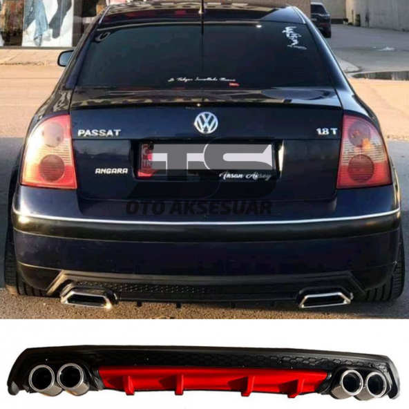 Volkswagen Passat B5 Difüzör Arka Tampon Eki 4 Egzoz Çıkışlı Kırmızı Lüx Tip ürün görseli 1