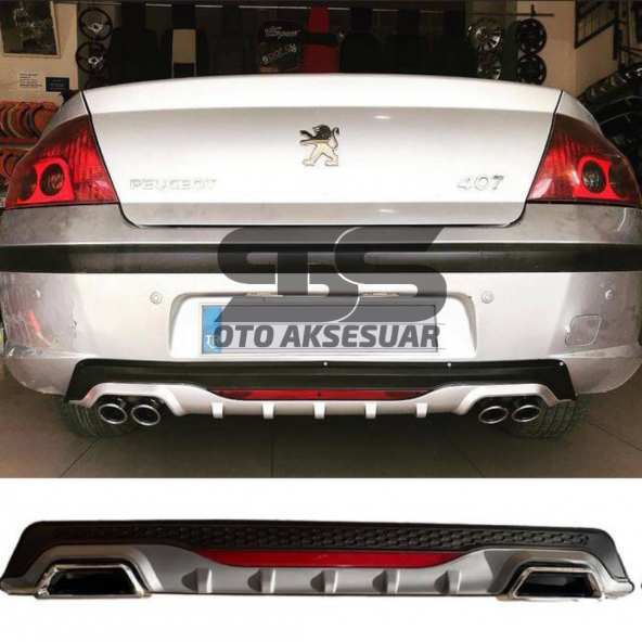 Peugeot 407 Difüzör Arka Tampon Eki 2 Egzoz Çıkışlı Gri Reflektörlü ürün görseli 1