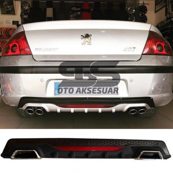 Peugeot 407 Difüzör Arka Tampon Eki 2 Egzoz Çıkışlı Siyah Reflektörlü ürün görseli 1