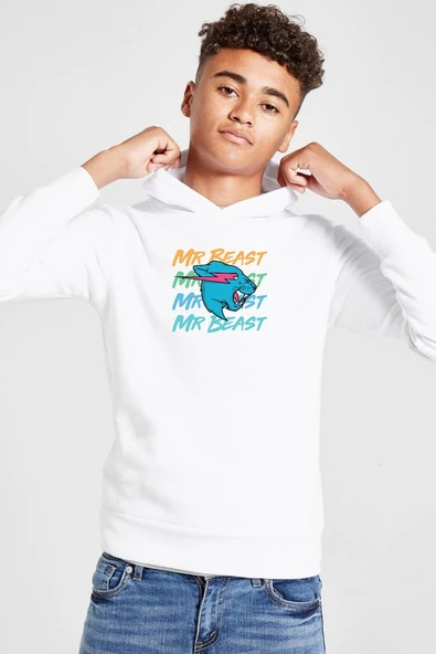 Mr Beast Lettern Beyaz Çocuk 3ip Kapşonlu  Sweatshirt ürün görseli 1