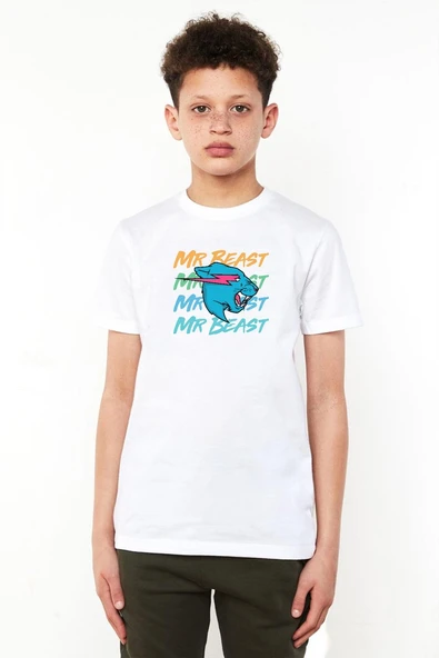 Mr Beast Lettern Beyaz Çocuk Bisikletyaka Tshirt ürün görseli 1