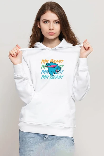 Mr Beast Lettern Beyaz Kadın 3ip Kapşonlu Sweatshirt ürün görseli 1