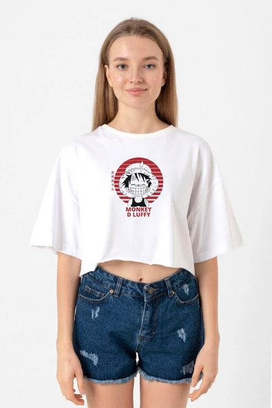 One Piece Anime Monkey D Luffy Beyaz Kadın Crop Tshirt ürün görseli 1