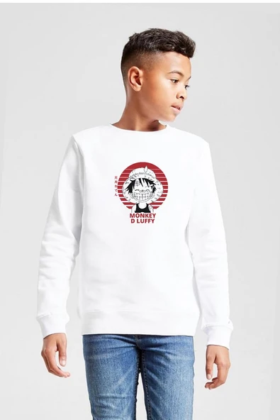 One Piece Anime Monkey D Luffy Beyaz Çocuk 2ip Sweatshirt ürün görseli 1