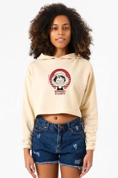 One Piece Anime Monkey D Luffy Bej Kadın Crop Kapşonlu ürün görseli 1