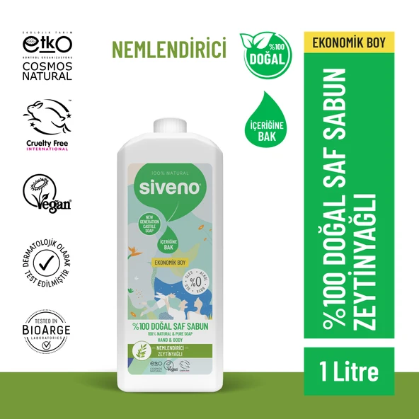 Siveno %100 Doğal Sıvı Kastil Sabun Zeytinyağlı Yoğun Nemlendirici Arındırıcı Bitkisel Vegan 1000 ml ürün görseli 1