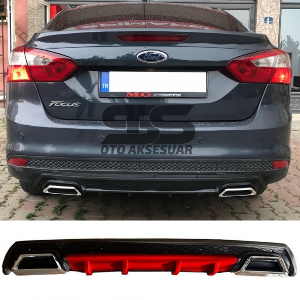 Ford Focus 3 Difüzör Arka Tampon Eki 2 Egzoz Çıkışlı Kırmızı Lüx Tip ürün görseli 1