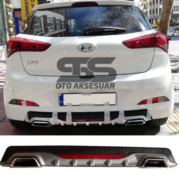Hyundai i20 Difüzör Arka Tampon Eki 2 Egzoz Çıkışlı Gri Reflektörlü ürün görseli 1