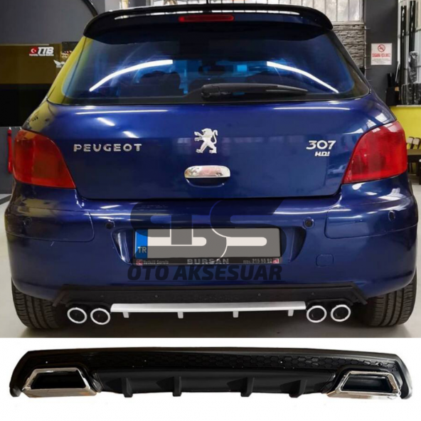 Peugeot 307 Difüzör Arka Tampon Eki 2 Egzoz Çıkışlı Siyah Lüx Tip ürün görseli 1
