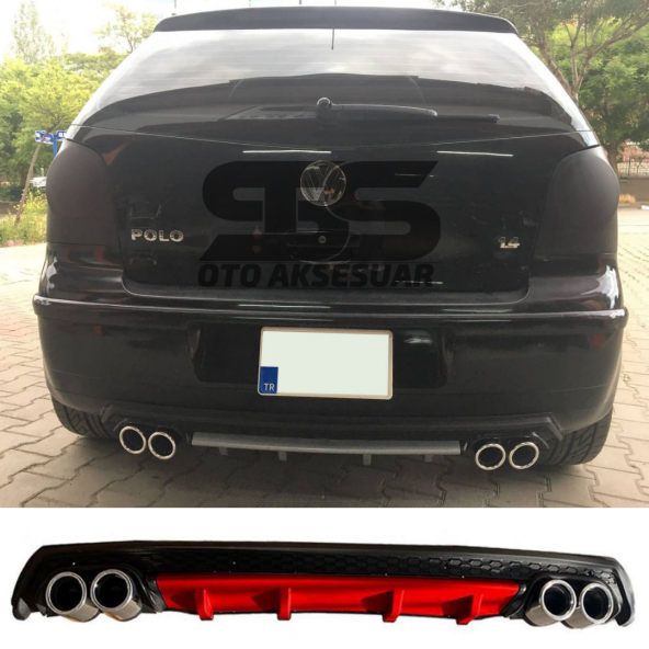 Volkswagen Polo Mk4 Difüzör Arka Tampon Eki 4 Egzoz Çıkışlı Kırmızı Lüx Tip ürün görseli 1