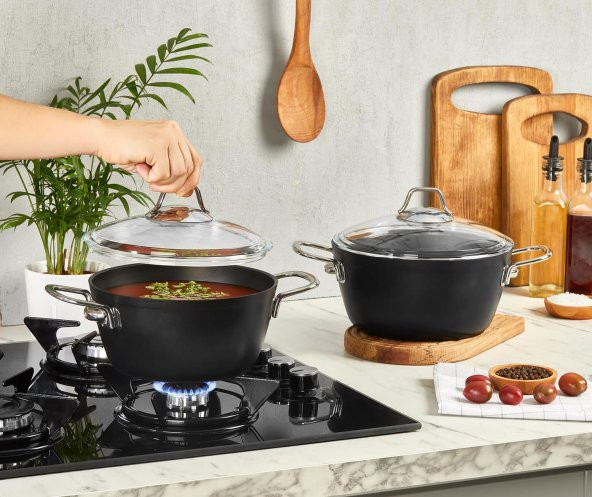 Amboss Dark Granit Derin Tencere Cam Kapaklı Yanmaz Yapışmaz Titanyum Kaplama   - 24 cm ürün görseli 1